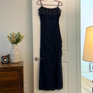 Xscape navy beaded, off shoulder, floor length gown